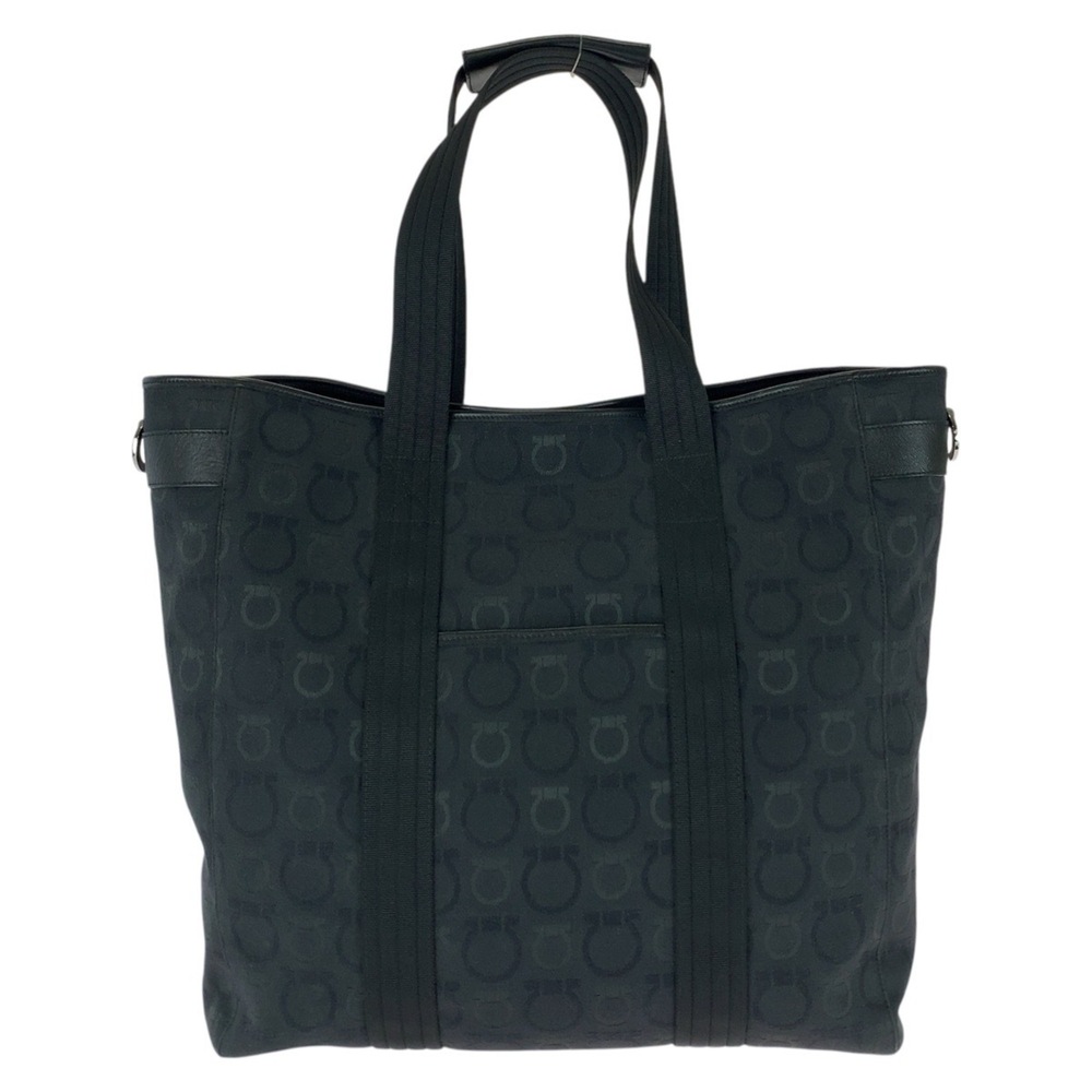 Salvatore Ferragamo Gancini Black Canvas Leather Tote Bag AF-21 6398 for Women